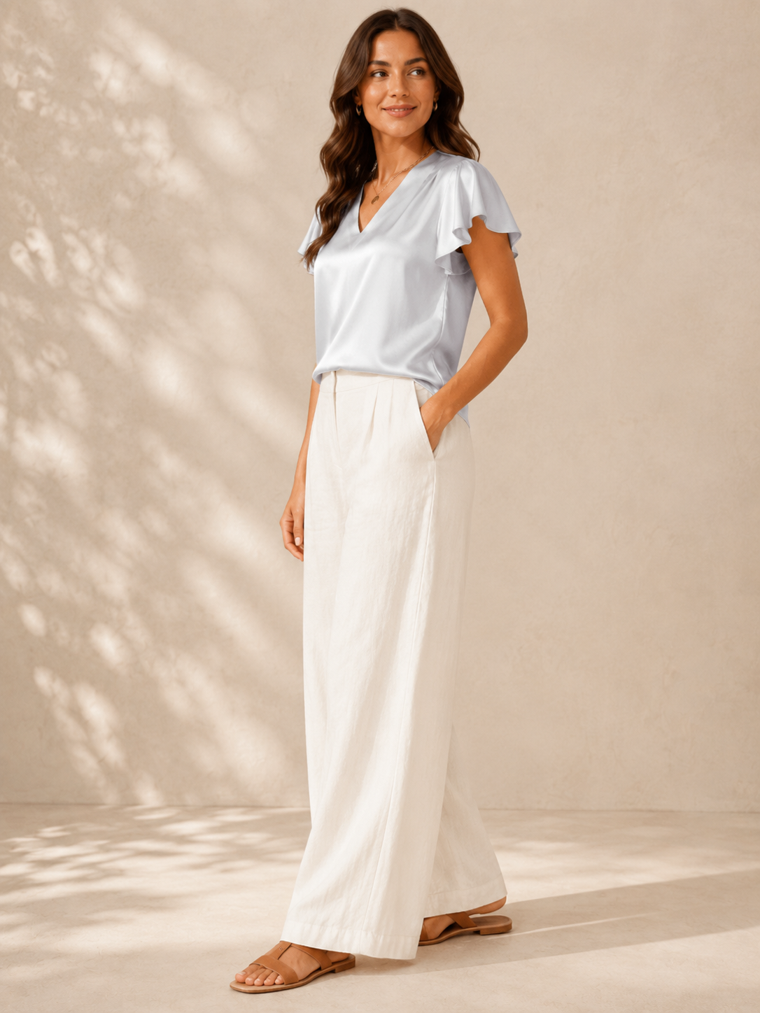 Saloméa - Dames Satijnlook Blouse Met V-hals En Uitlopende Mouwen