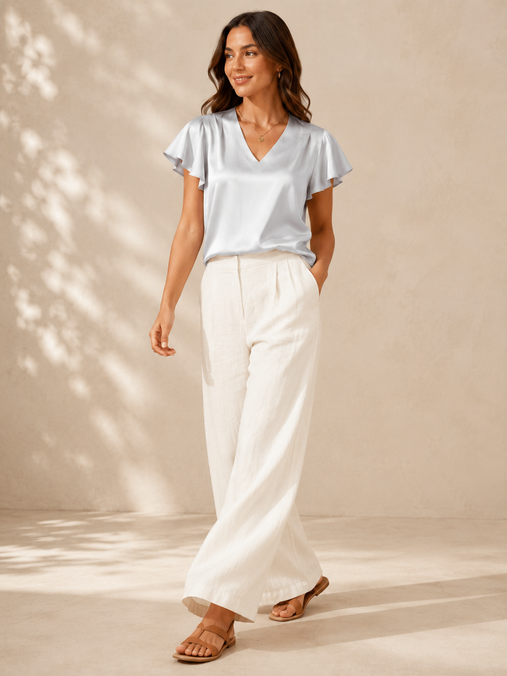 Saloméa - Dames Satijnlook Blouse Met V-hals En Uitlopende Mouwen