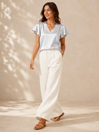 Saloméa - Dames Satijnlook Blouse Met V-hals En Uitlopende Mouwen