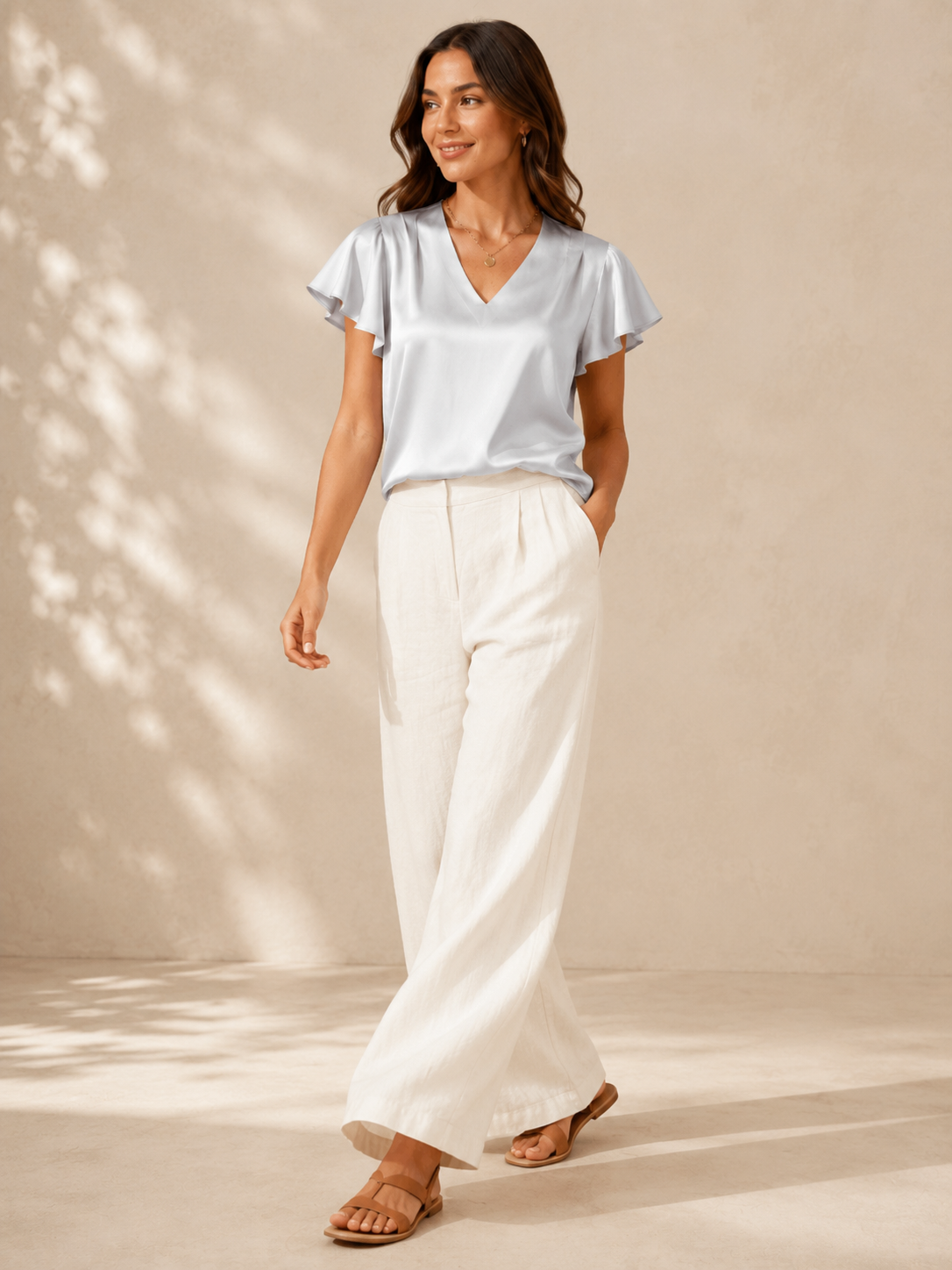 Saloméa - Dames Satijnlook Blouse Met V-hals En Uitlopende Mouwen
