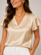 Saloméa - Dames Satijnlook Blouse Met V-hals En Uitlopende Mouwen