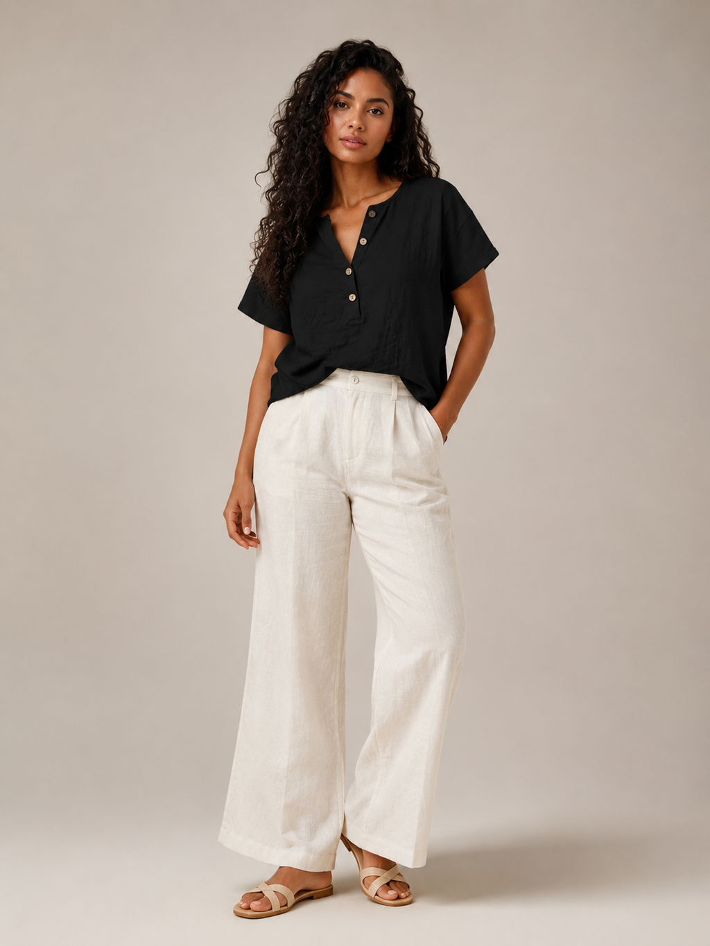 Sabrielle - Dames Katoen-Linnen Blouse Met Split-hals En Knoopdetail