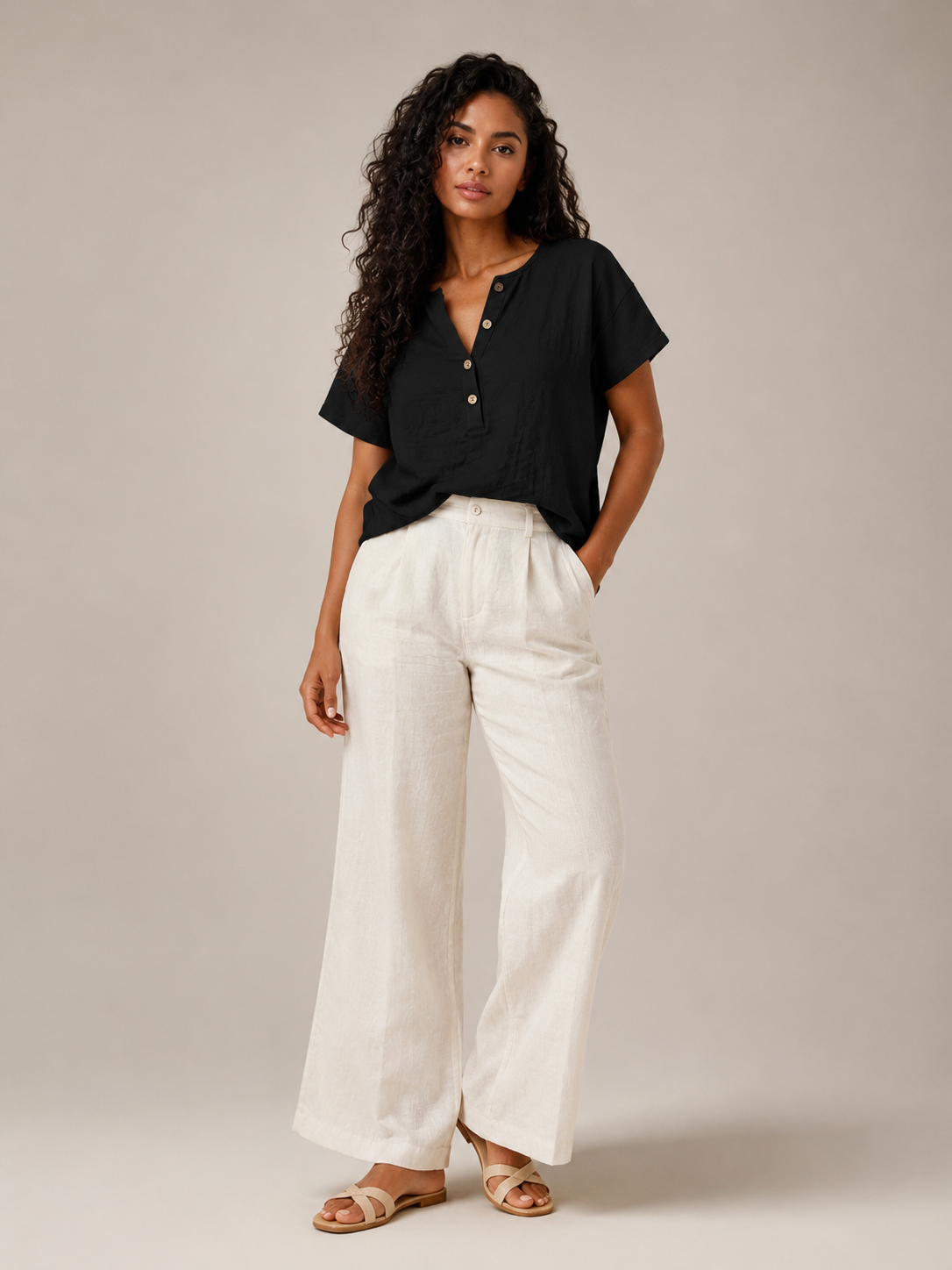 Sabrielle - Dames Katoen-Linnen Blouse Met Split-hals En Knoopdetail