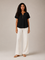 Sabrielle - Dames Katoen-Linnen Blouse Met Split-hals En Knoopdetail