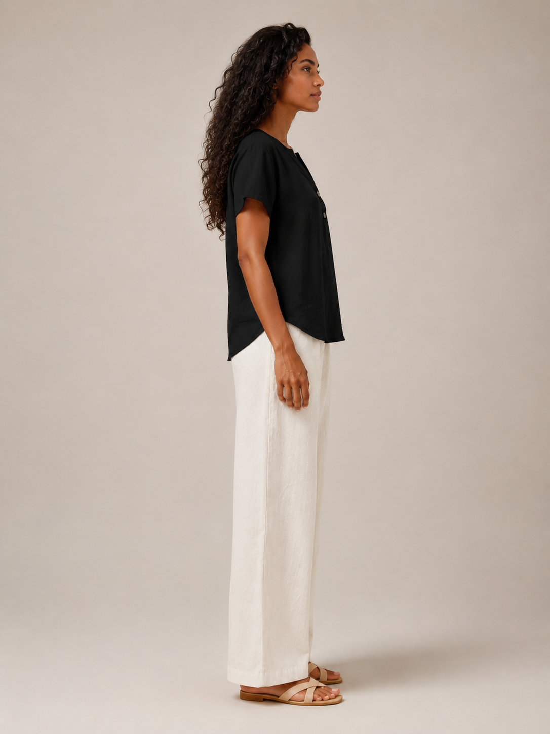 Sabrielle - Dames Katoen-Linnen Blouse Met Split-hals En Knoopdetail