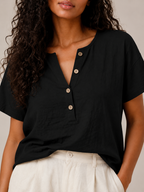 Sabrielle - Dames Katoen-Linnen Blouse Met Split-hals En Knoopdetail