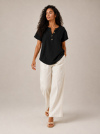 Sabrielle - Dames Katoen-Linnen Blouse Met Split-hals En Knoopdetail