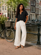 Sabrielle - Dames Katoen-Linnen Blouse Met Split-hals En Knoopdetail