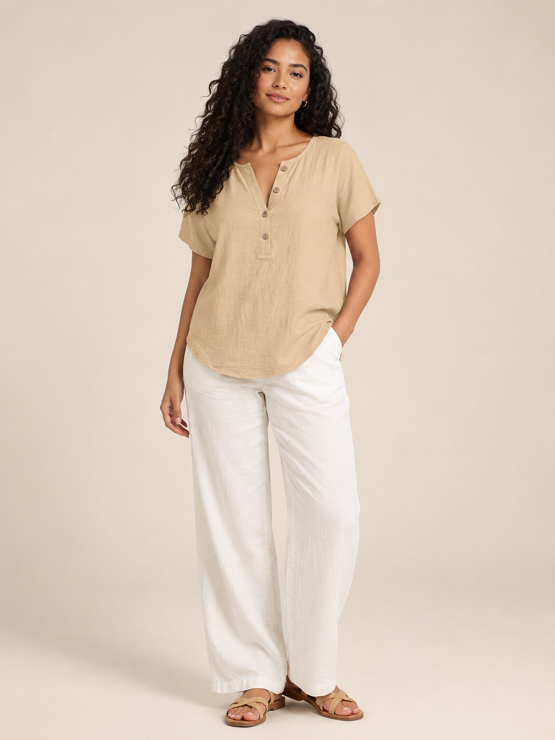Sabrielle - Dames Katoen-Linnen Blouse Met Split-hals En Knoopdetail