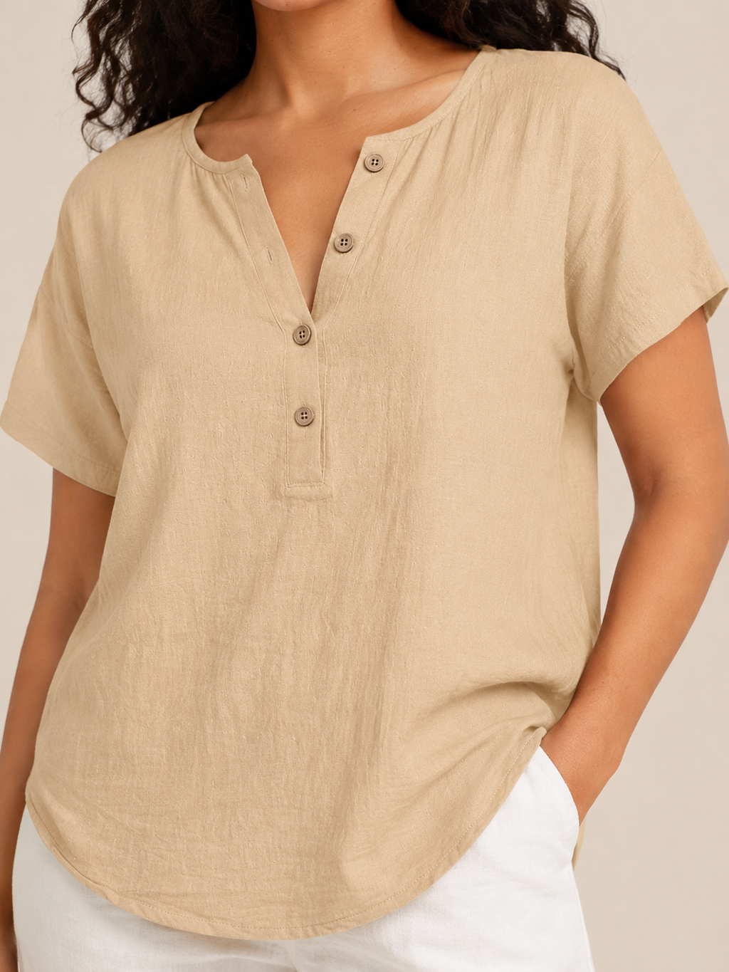 Sabrielle - Dames Katoen-Linnen Blouse Met Split-hals En Knoopdetail