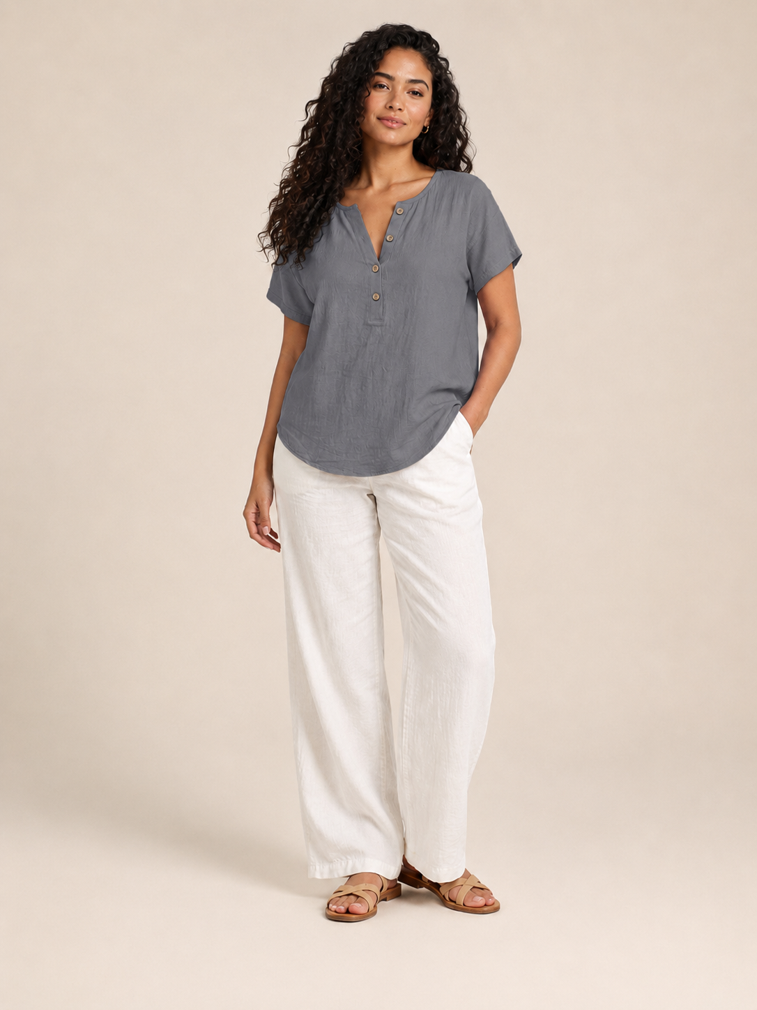Sabrielle - Dames Katoen-Linnen Blouse Met Split-hals En Knoopdetail