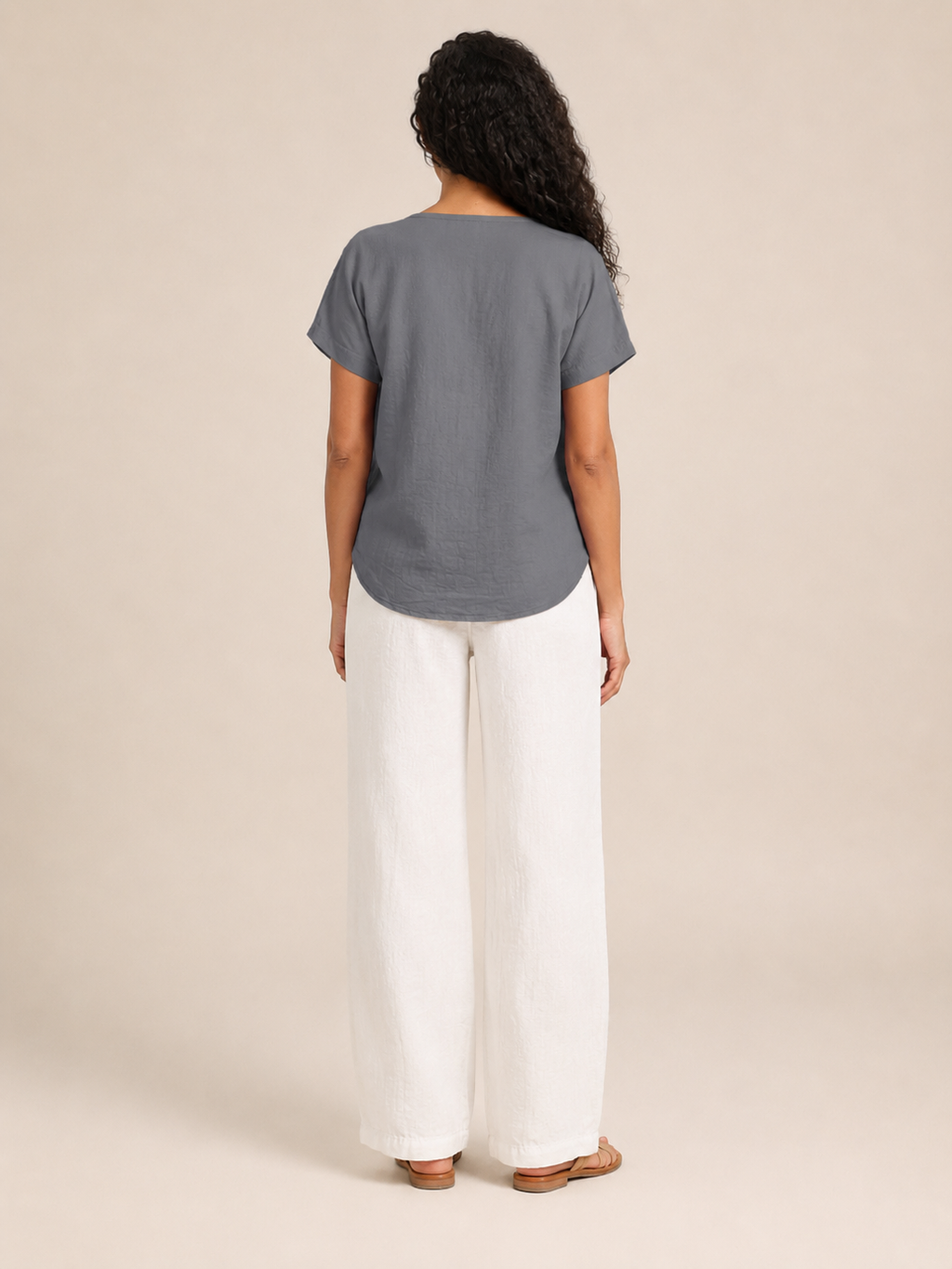 Sabrielle - Dames Katoen-Linnen Blouse Met Split-hals En Knoopdetail