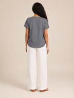 Sabrielle - Dames Katoen-Linnen Blouse Met Split-hals En Knoopdetail