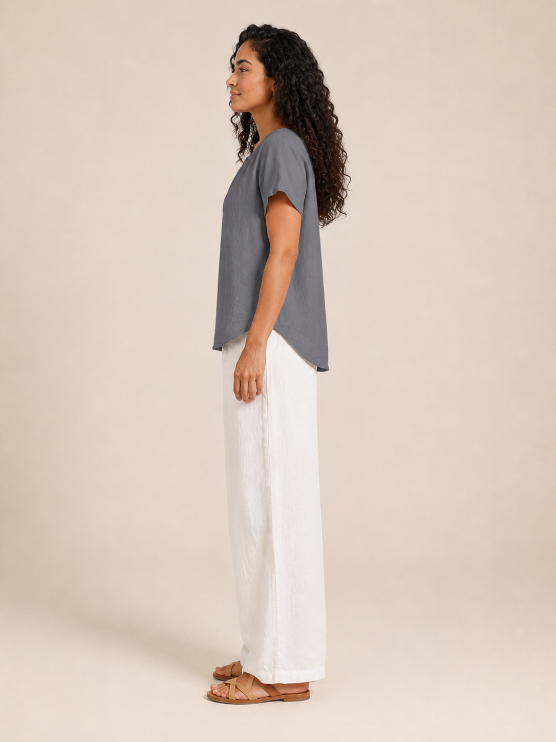 Sabrielle - Dames Katoen-Linnen Blouse Met Split-hals En Knoopdetail