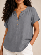 Sabrielle - Dames Katoen-Linnen Blouse Met Split-hals En Knoopdetail