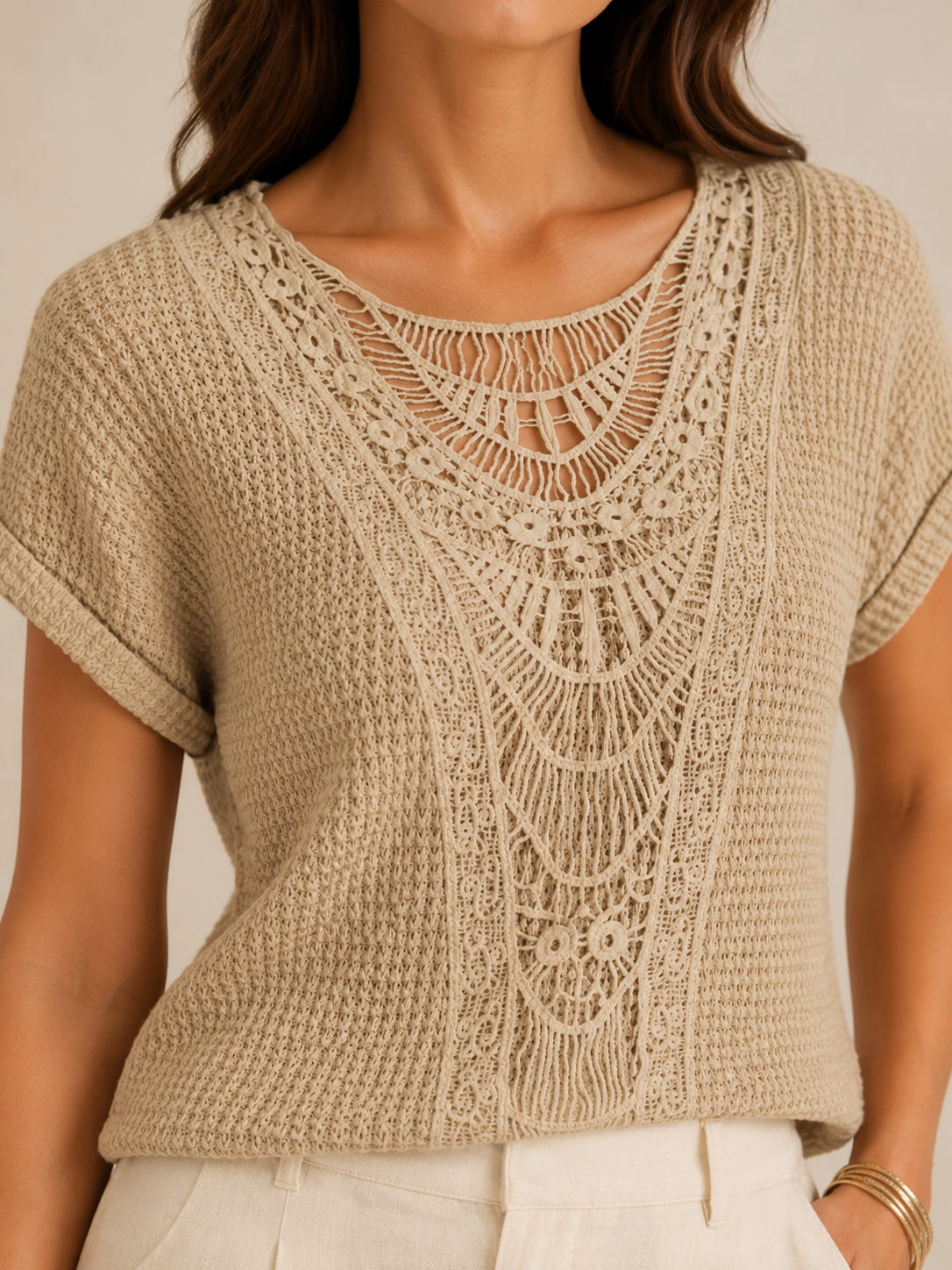 Sorelyne - Dames Top Met Gehaakte Look En Opengewerkte Halslijn
