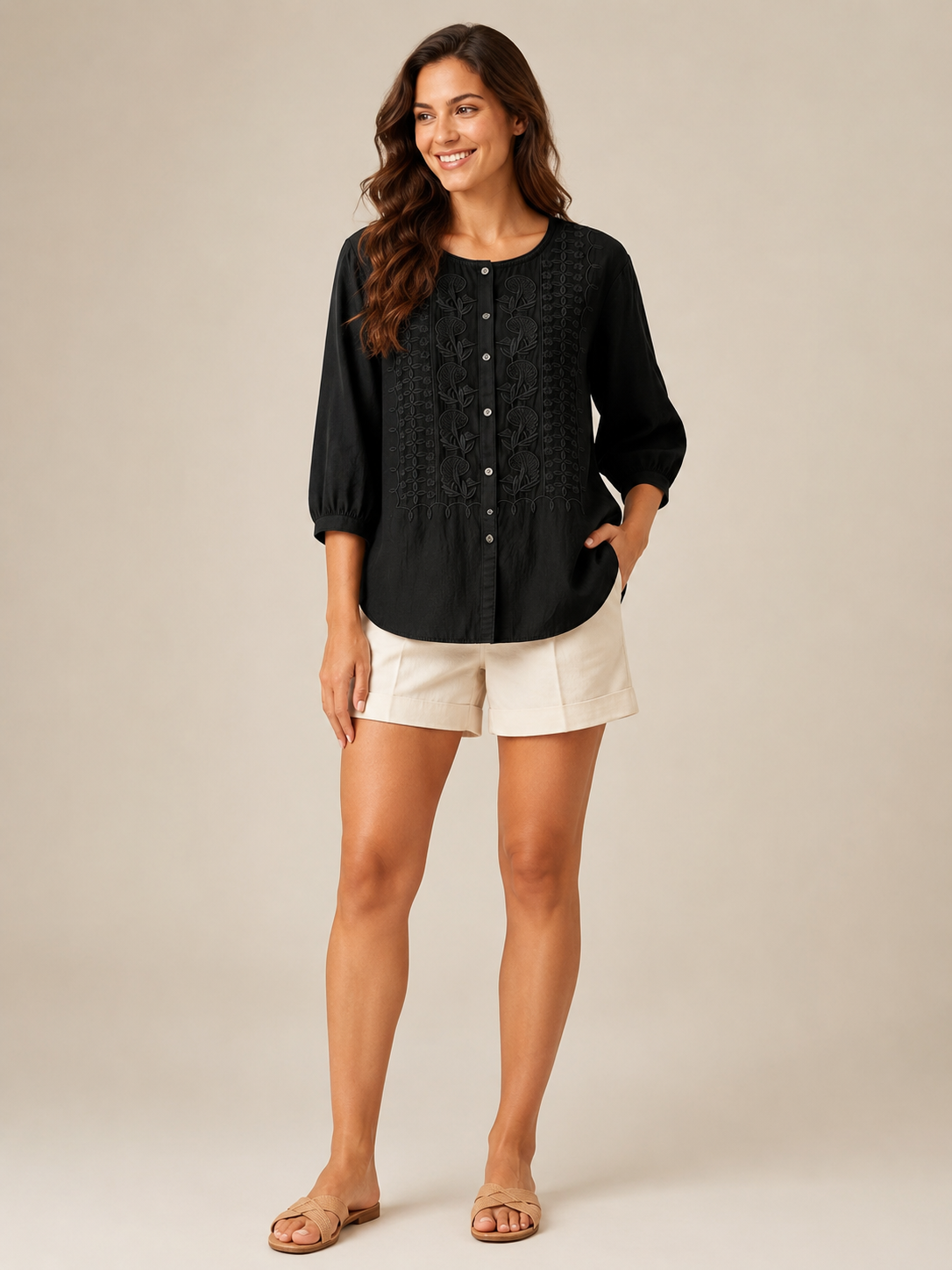 Sorevella - Dames Blouse Met Borduurdetails En Knoopsluiting