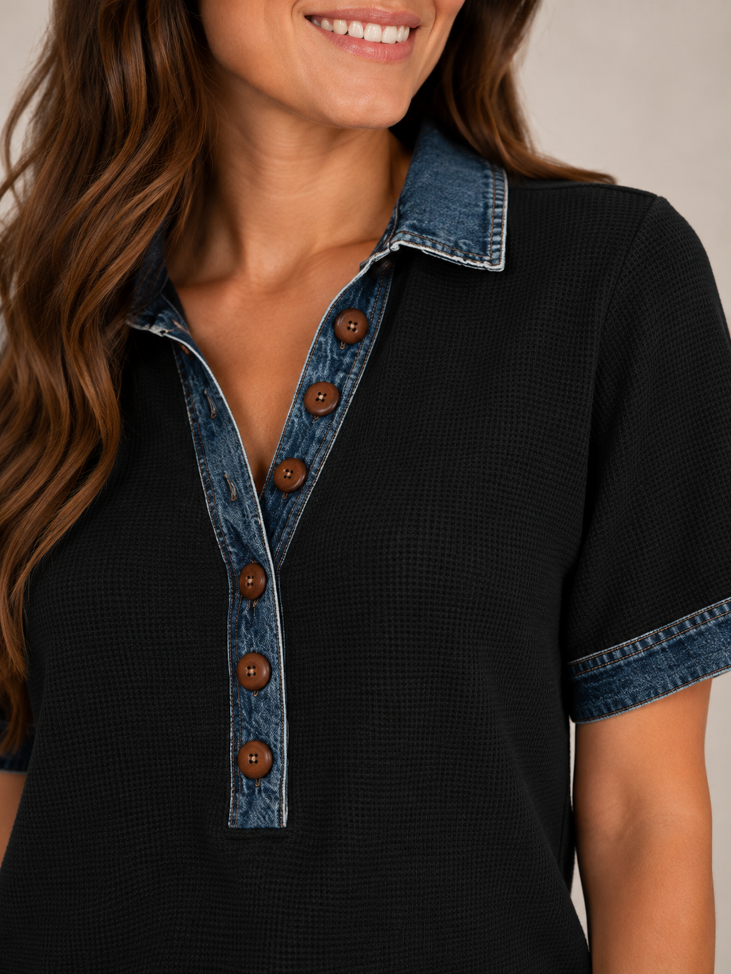 Solyssane - Dames Poloshirt Met Denimlook Details En Knoopsluiting