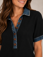 Solyssane - Dames Poloshirt Met Denimlook Details En Knoopsluiting