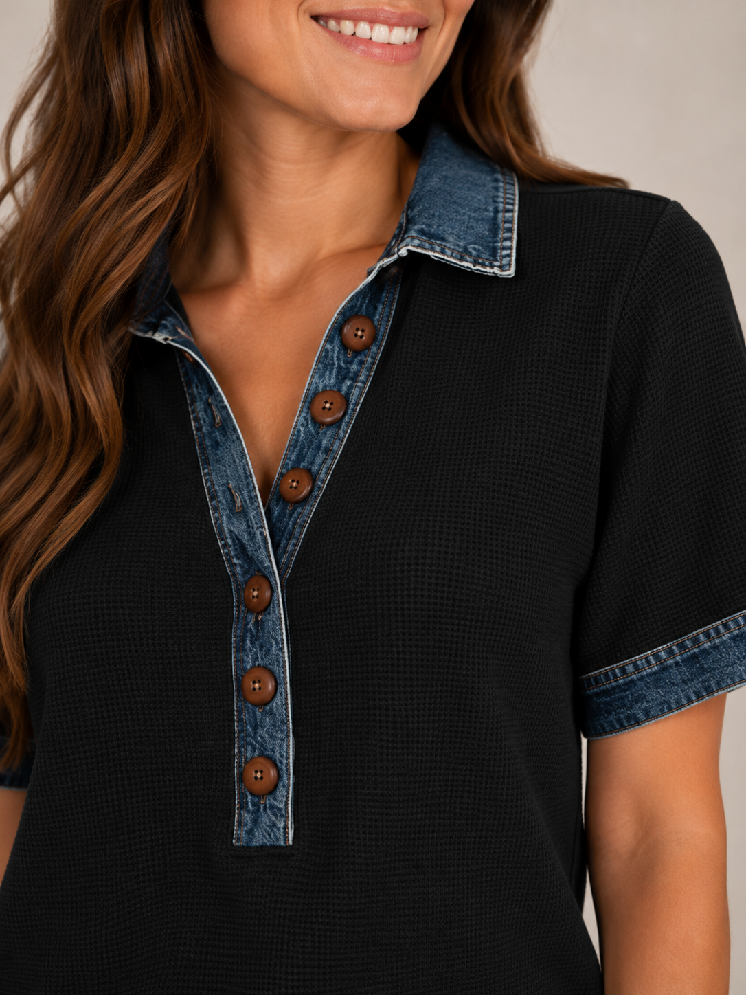 Solyssane - Dames Poloshirt Met Denimlook Details En Knoopsluiting