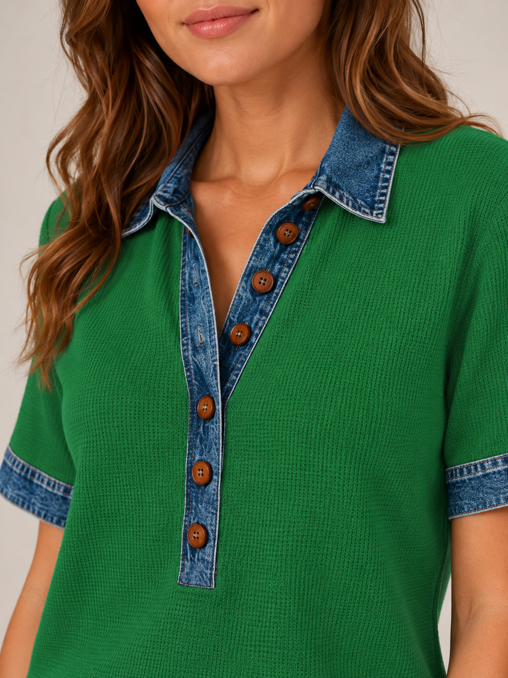 Solyssane - Dames Poloshirt Met Denimlook Details En Knoopsluiting