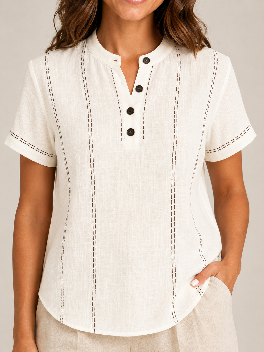 Sélavine - Dames Blouse Met Knoopdetail En Contraststiksels