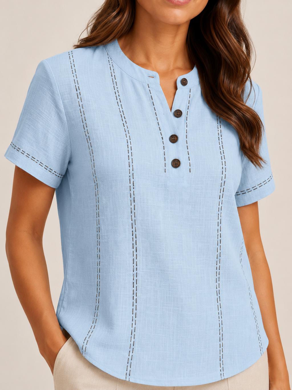 Sélavine - Dames Blouse Met Knoopdetail En Contraststiksels