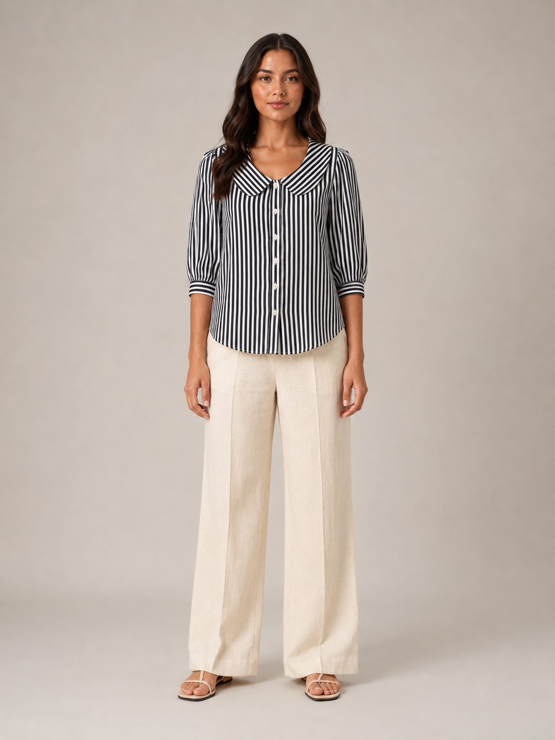 Savinora - Gestreepte Blouse Met Ronde Kraag En Pofmouwen