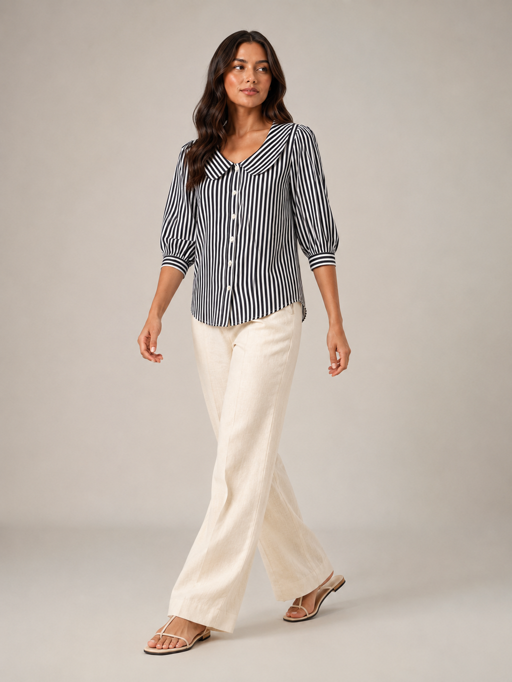 Savinora - Gestreepte Blouse Met Ronde Kraag En Pofmouwen