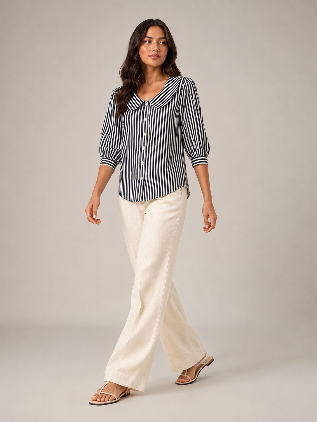 Savinora - Gestreepte Blouse Met Ronde Kraag En Pofmouwen