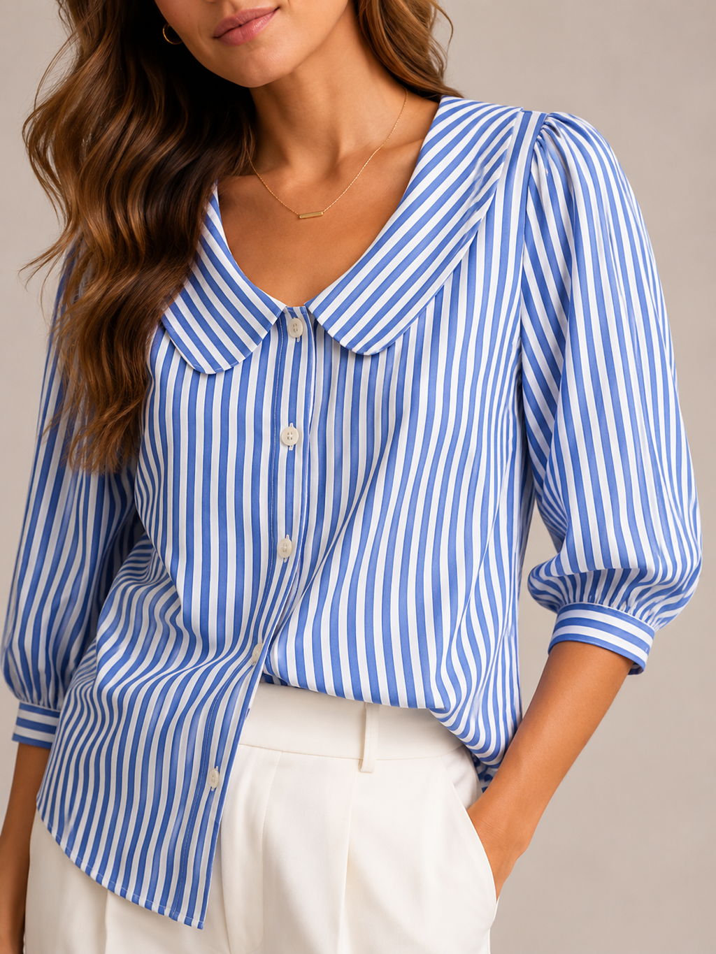 Savinora - Gestreepte Blouse Met Ronde Kraag En Pofmouwen
