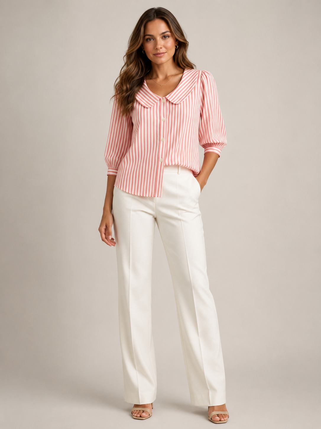 Savinora - Gestreepte damesblouse met ronde kraag en pofmouwen