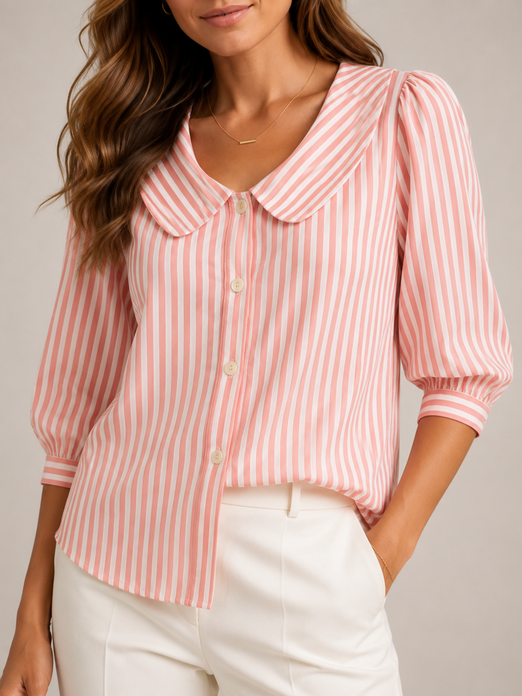 Savinora - Gestreepte Blouse Met Ronde Kraag En Pofmouwen