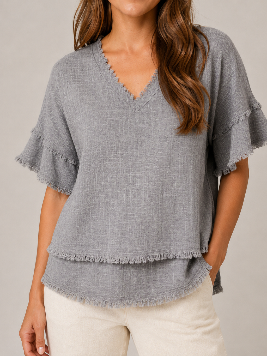 Sybeline - Dames Blouse Met V-hals En Franjeranden