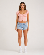 Jelina - Roze Corsage Crop Top Met Pofmouwen