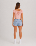 Jelina - Roze Corsage Crop Top Met Pofmouwen