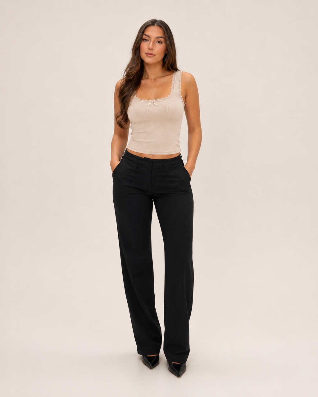 Jaline - Rib Tanktop Met Kant En Strik