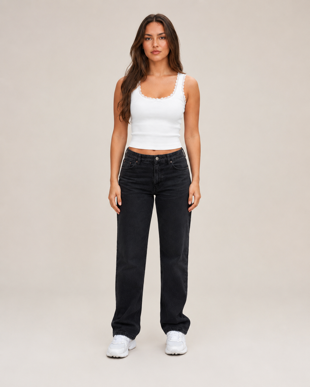 Jaline - Rib Tanktop Met Kant En Strik