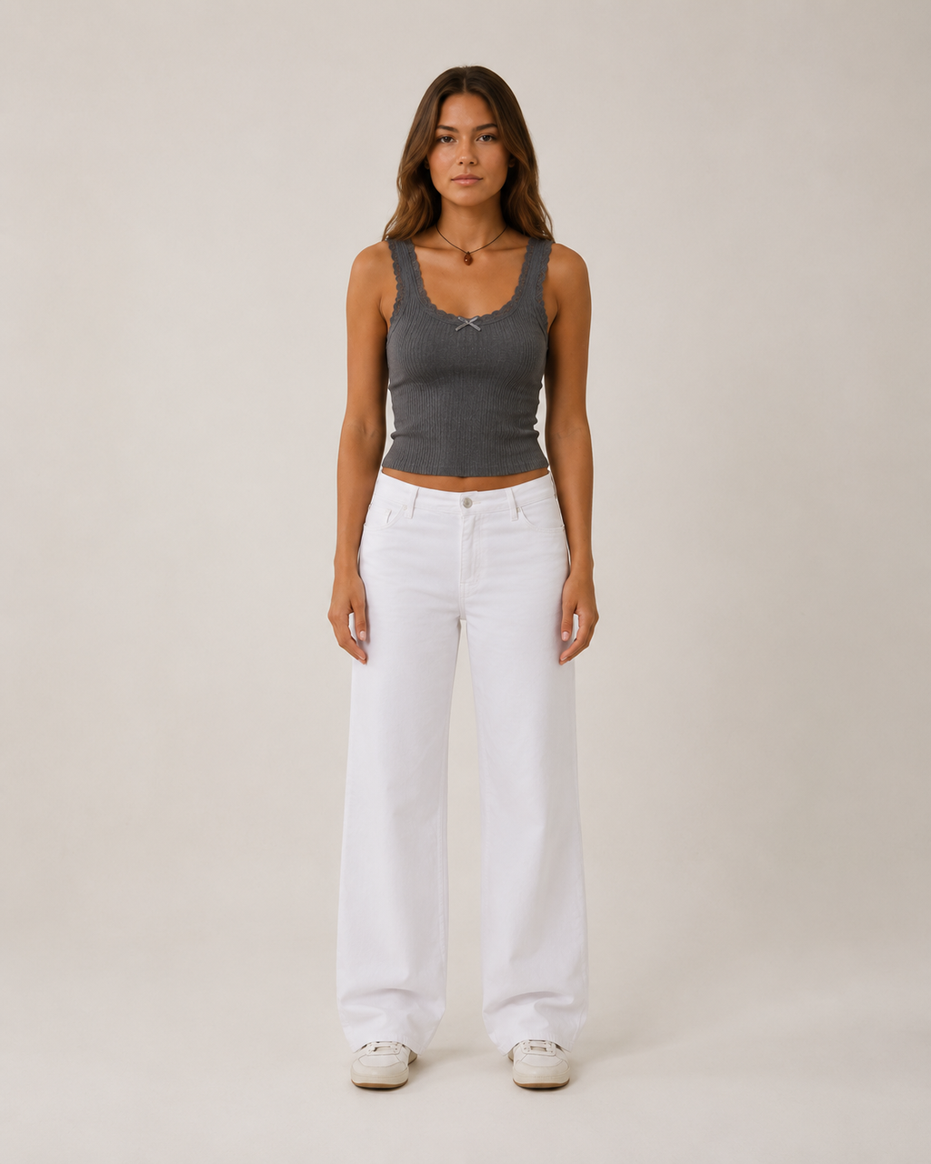 Jaline - Rib Tanktop Met Kant En Strik
