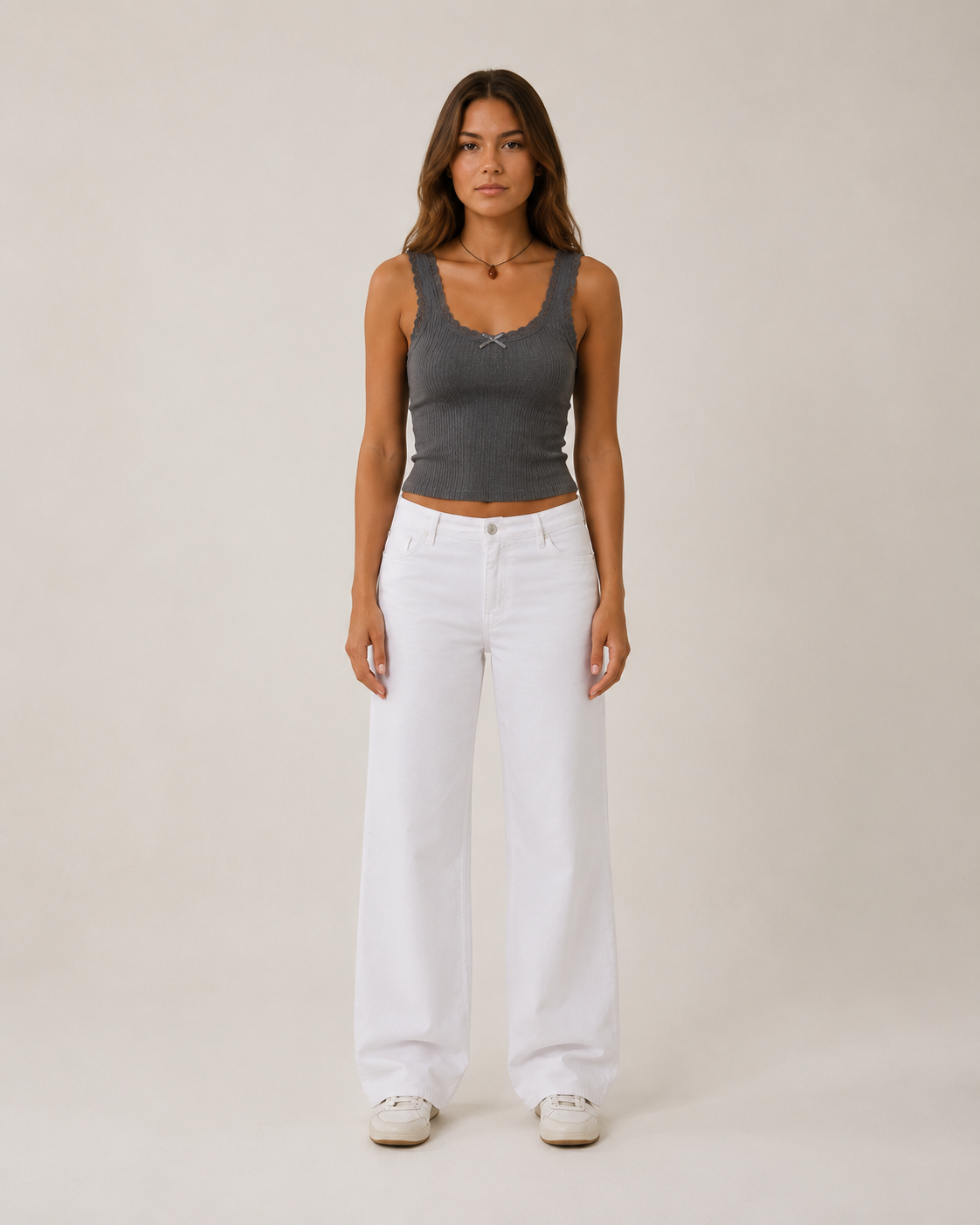 Jaline - Rib Tanktop Met Kant En Strik