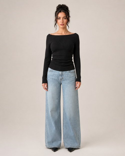 Annebel - Zwarte Dames Off-shoulder Top Met Plooien