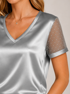 Solvérine - Dames Satijnlook Top Met V-hals En Transparante Mouwen