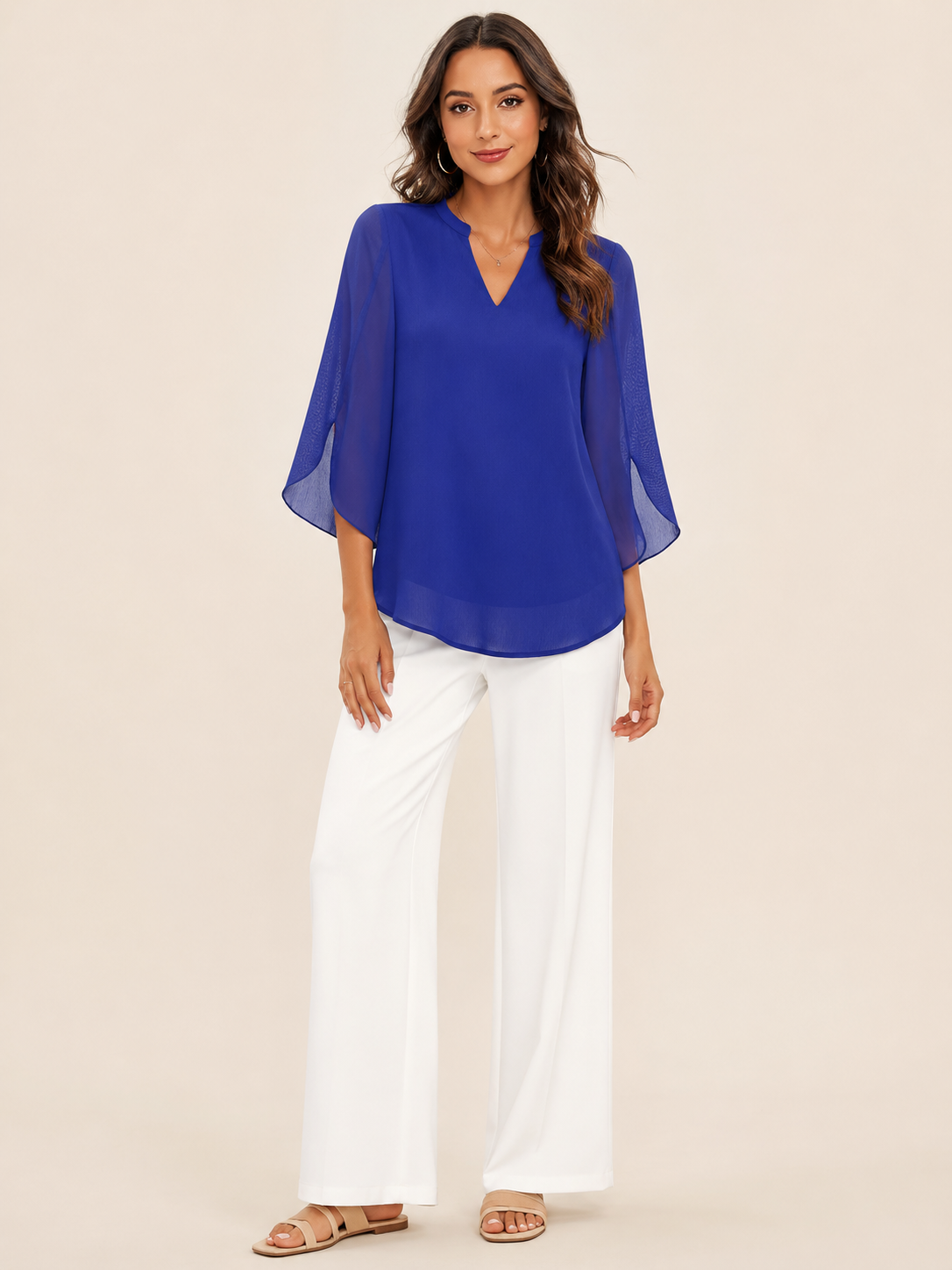 Samilène - Damesblouse met split-hals en transparante wijde mouwen