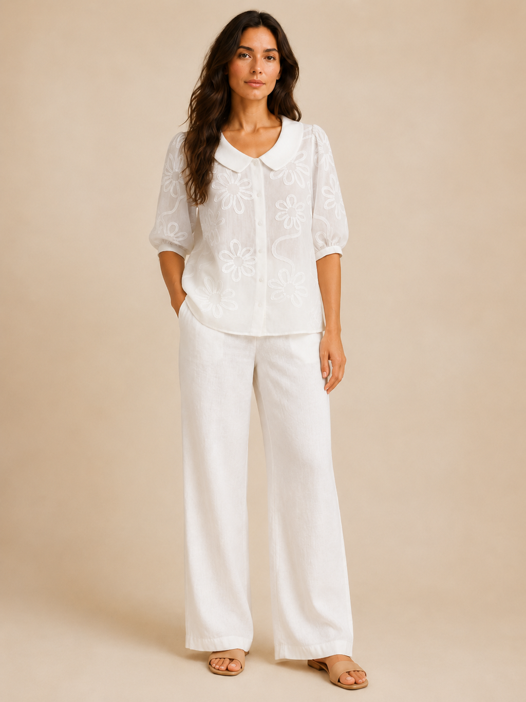 Sorellia - Dames Blouse Met Geborduurde Bloemen En Ronde Kraag