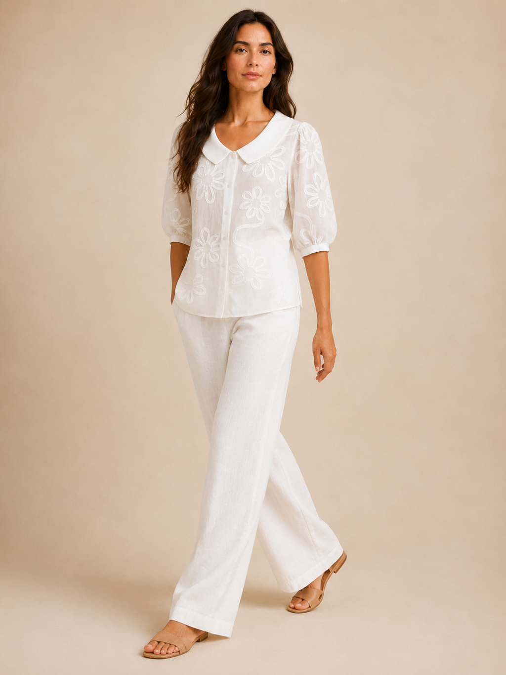 Sorellia - Dames Blouse Met Geborduurde Bloemen En Ronde Kraag