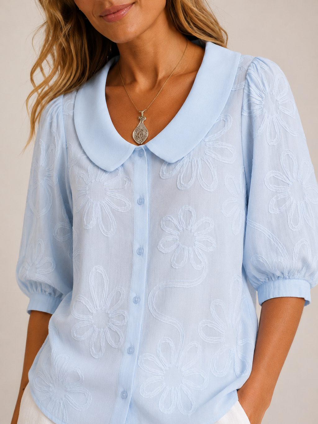 Sorellia - Dames Blouse Met Geborduurde Bloemen En Ronde Kraag