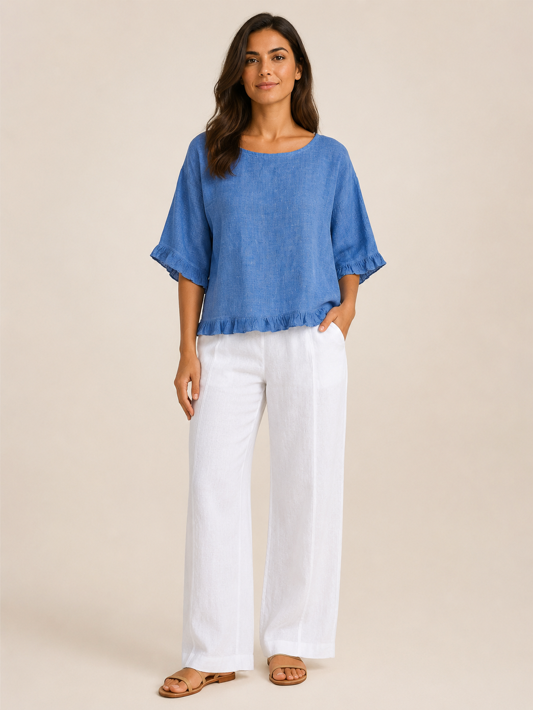 Sorellena - Dames Blouse Met Ronde Hals En Rafelranden