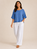 Sorellena - Dames Blouse Met Ronde Hals En Rafelranden