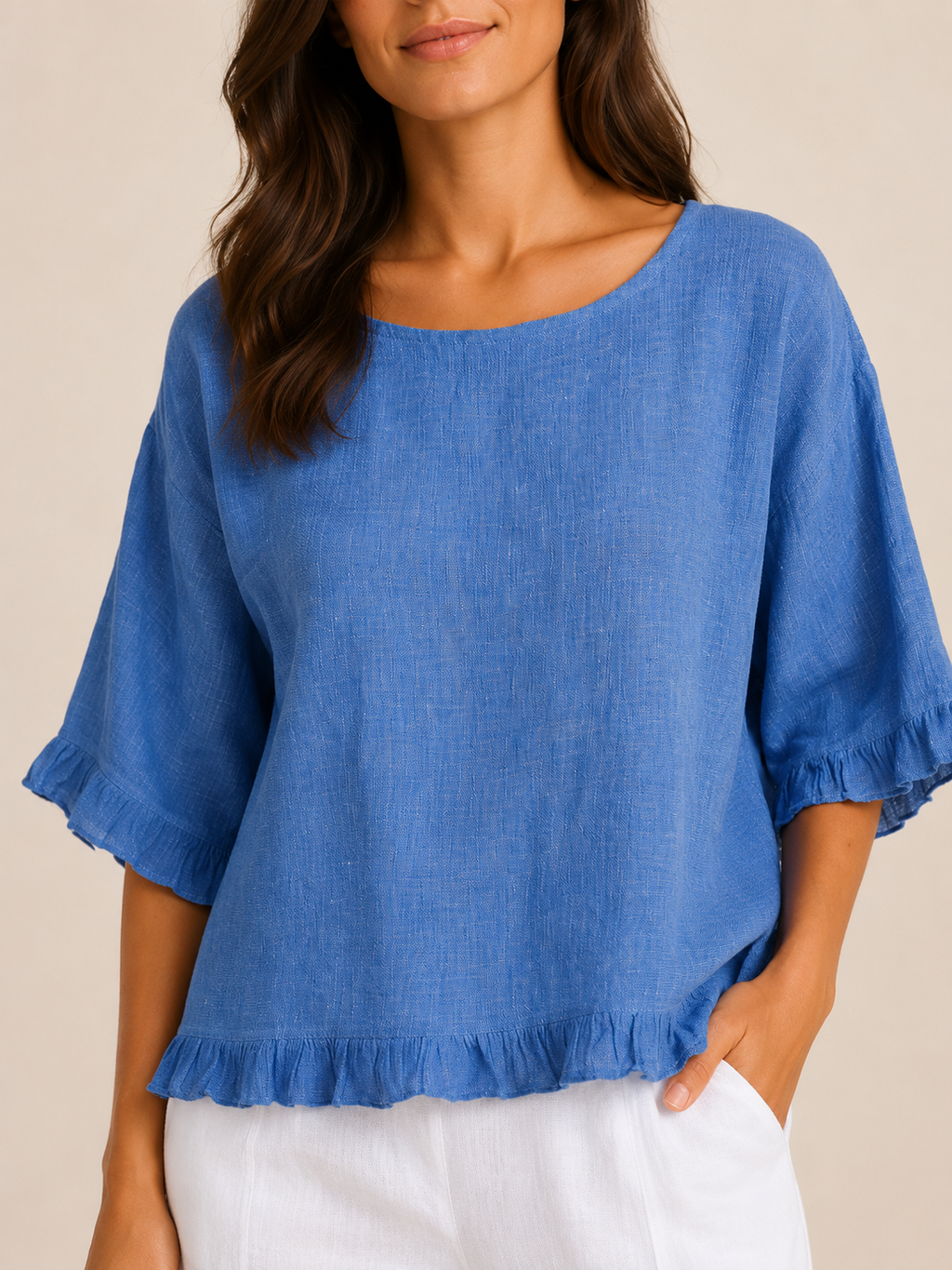 Sorellena - Dames Blouse Met Ronde Hals En Rafelranden