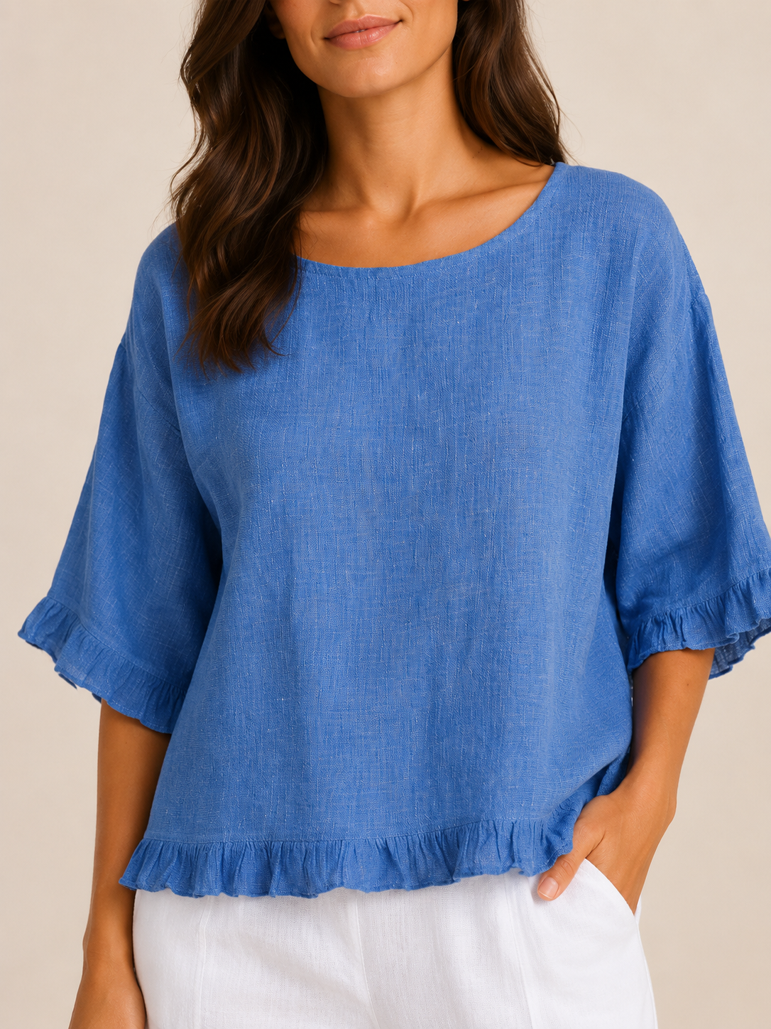 Sorellena - Dames Blouse Met Ronde Hals En Rafelranden